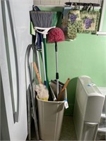 Mops, Brooms, Step Ladder, and Cleaning Supplies