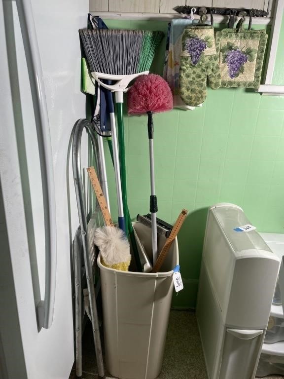 Mops, Brooms, Step Ladder, and Cleaning Supplies