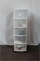Plastic Storage Tote with embroidery kits and yarn