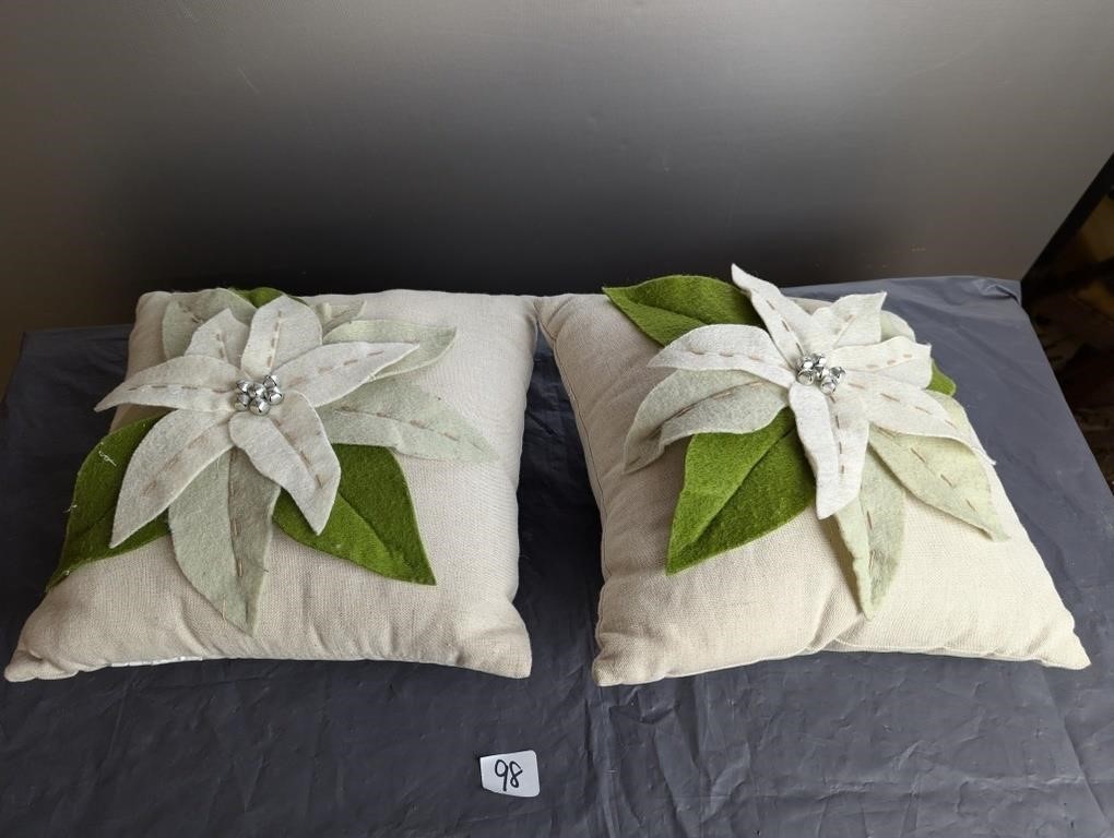 Lot of 2 White Pointsettia Christmas Pillows