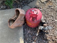 Gas can, hitch and leather bag