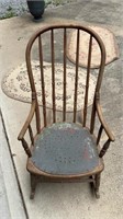 Antique bent Oak wood rocker, with iron supports,