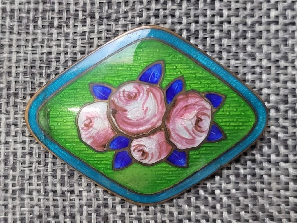 Czechoslovakia Guilloche Floral Enamel Brooch