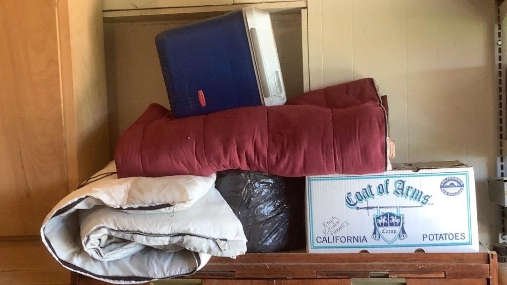 Ice Chest, Sleeping Bags, Box Of Picture Frames