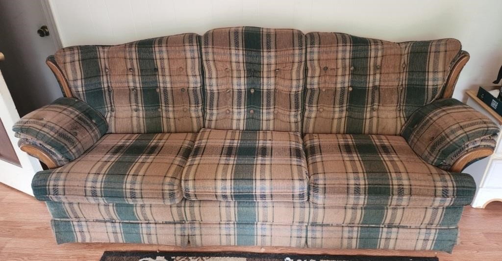 90x32x38 plaid couch brown and green