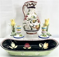 Hand Painted Italian Pitcher, Candlesticks & More