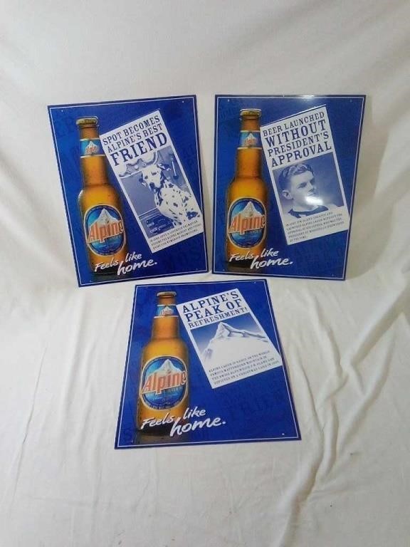 3 tin Alpine Lager signs. Each measures 18"x14"