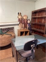 Wooden shelf, small wooden caddy three scarecrows