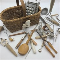 Basket of Vintage Kitchen Utensils