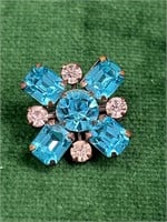 Vintage blue and clear rhinestones brooch