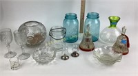(2) Glass Mason Jars. Cut Glass Round Vase