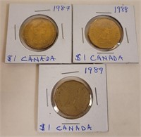 1987, 1988, & 1989 Canadian One Dollar Coins