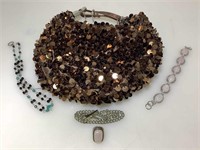 Sequin handbag, rose quartz costume jewelry and