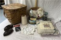 Assorted Sewing Supplies, Vintage Wool, Jars Of
