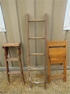 Ladders & chair- 2 short ladders, wood folding