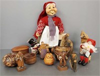 Group Scandinavian, etc wood carvings, doll,