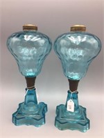 Pair early blue glass oil lamps