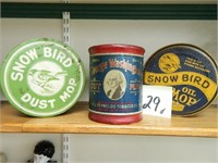 (2) Old Snow Bird Dust Mop Advertising Tins &