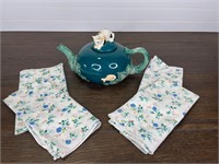 Cat Teapot and Vintage Blue Floral Napkins