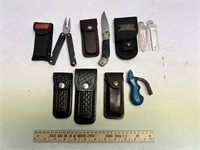 Assorted Knives Sheaths & Sharpener