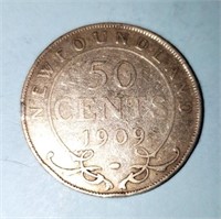 1909 NEWFOUNDLAND CANADA 50 CENT SILVER