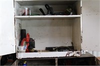 White metal cabinet with contents