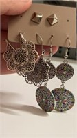 3 pair earrings, lots of detail, colorful ones