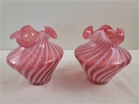 2 Fenton cranberry swirl ruffled edge vases