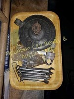 Box Lot of Wrenches and Oil Basin