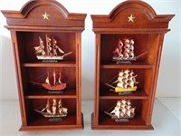 2 wood wall shelfs with decorative ships