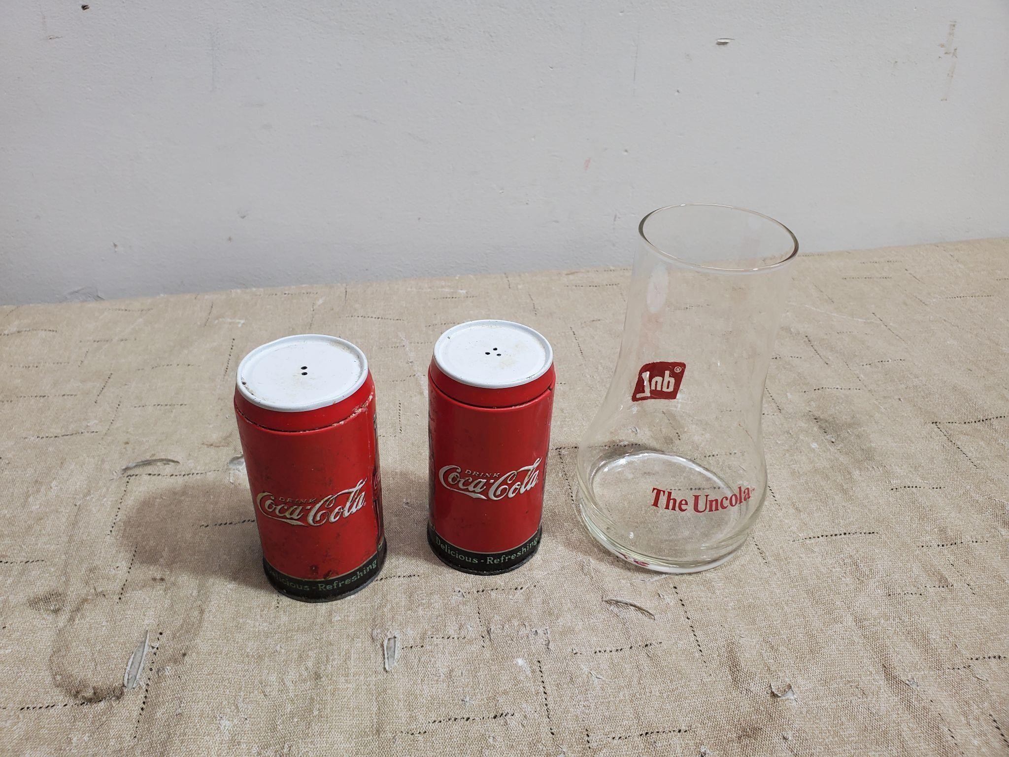 Coca-Cola Salt & Pepper and a Uncola Glass