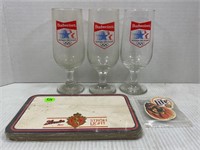 3 BUDWEISER OLYMPIC BEER GLASSES, STROH'S COASTERS