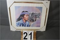Native American W/ Wolf Picture 20.25" X 16"