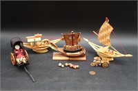 5 Miniature Japanese Bamboo & Wood Boats, Carts+