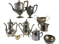 Lot Of Silver Plated Teapots, Cream & Sugars