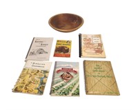 Mixed Lot of Vintage Cookbooks & Wooden Bowl