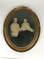 Pastel Portrait of Two Children in Oval Frame