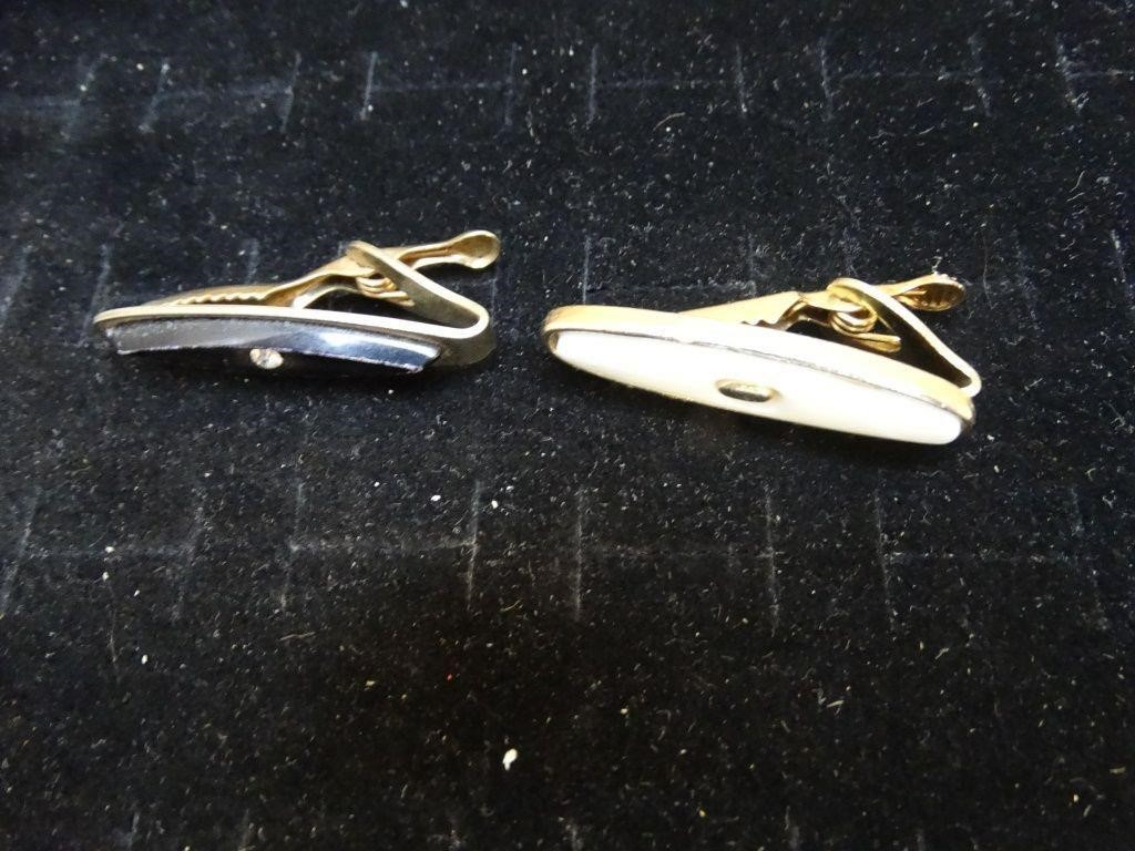 Vintage Faux Onyx & Mother of Pearl Tie Clips