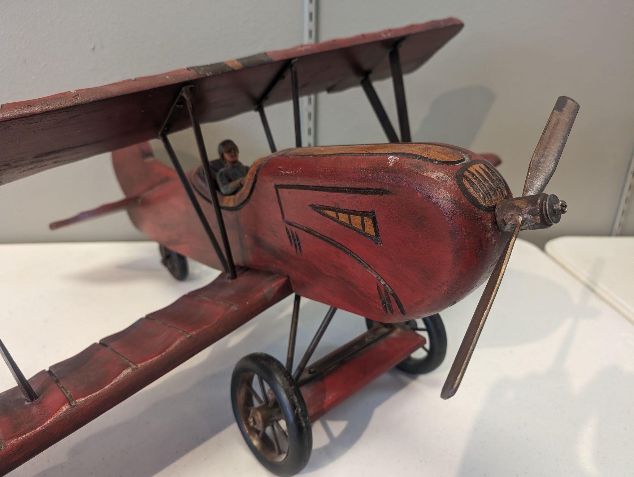 Vintage Red Wood Carved Bi- Plane w/ Pilot