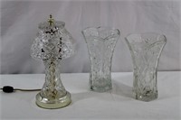 Pressed Glass Boudoir Lamp & 2 Pressed Vases