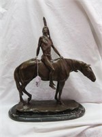BRONZE INDIAN ON HORSE-SIGNED 18"T X 15"W