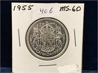 1955  Can Silver 50 Cent Piece  MS60