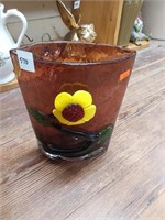 Purple Art Glass Vase w/Flower Glass on Front