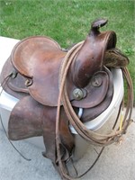 Old Leather Horse Saddle & Rope