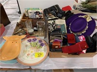 FLAT W/ BEADED & LADIES PURSES, CARD HOLDERS, VHS