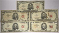 Lot of 5: $5 Red Seals