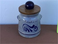 VINTAGE POTTERY CROCK WITH BLUE AND WRITING