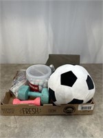 Hand weights, golf balls, playing cards, plush
