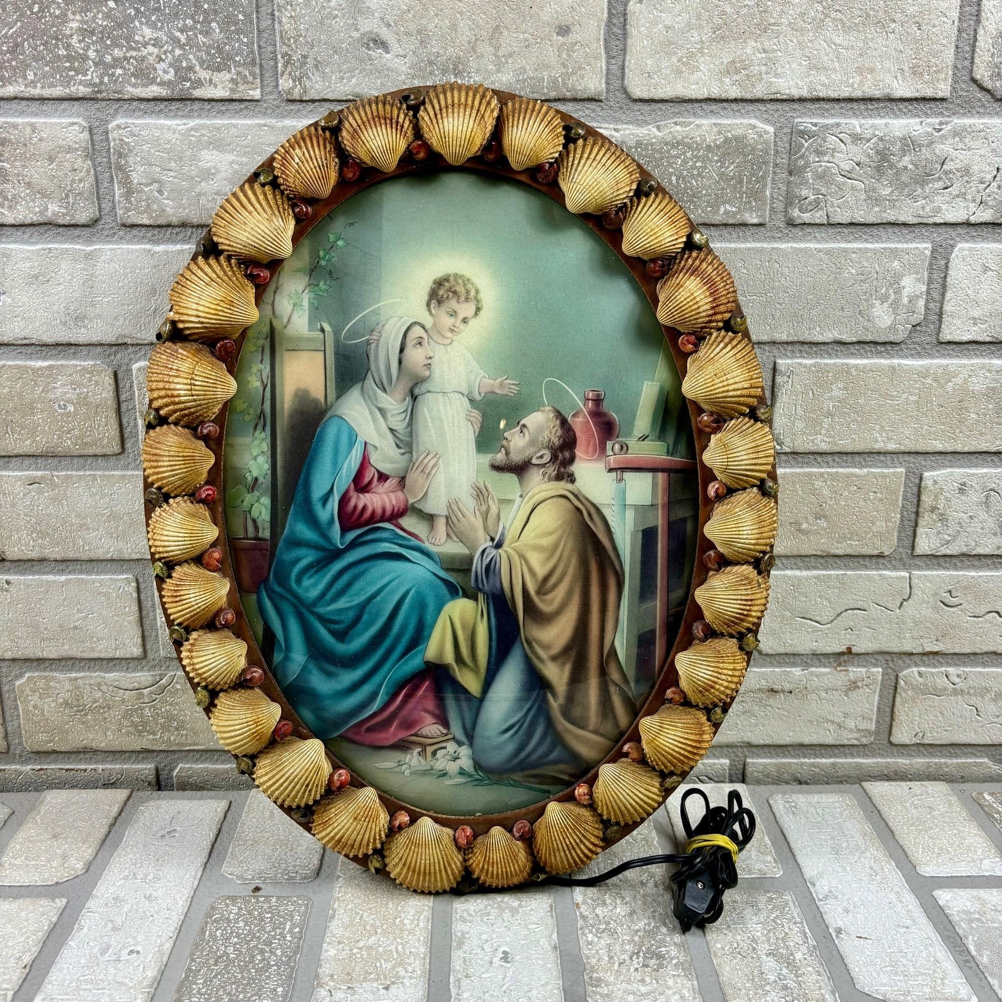 Seashell Art Holy Family Lamp, 1950s