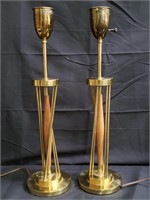 Pair of 50s brass & wood table lamps
